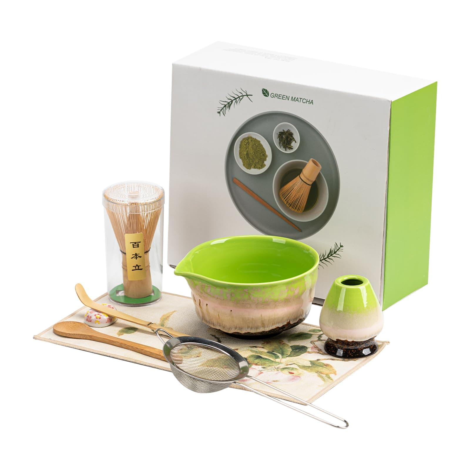 Matcha Set 8-Piece Japanese Tea Ceremony Kit with Ceramic Bowl, Bamboo Whisk & Holder, 2 Scoops, Strainer, Tea Cloth - Complete Gift Set for Traditional Brewing(Green)