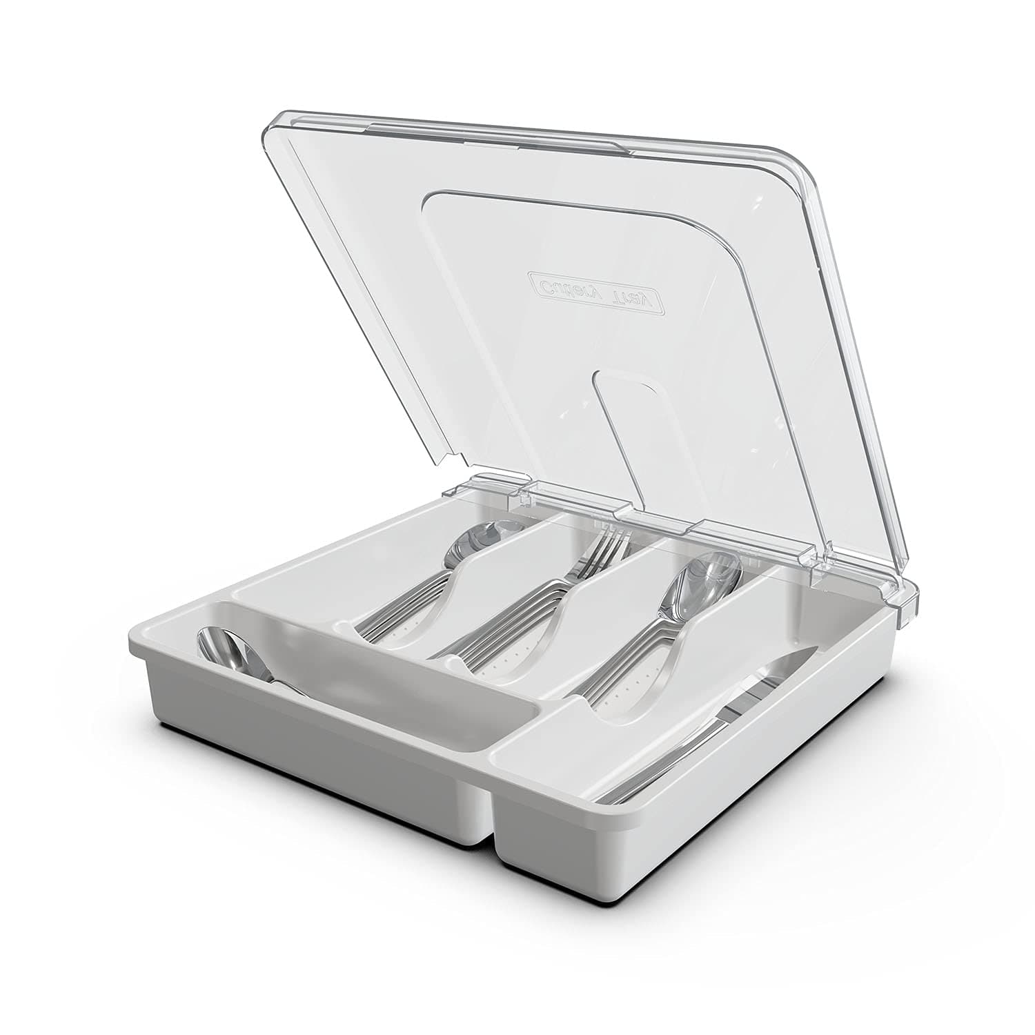 Silverware Tray with Lid, Utensil Drawer Organizer for Kitchen Countertop Plastic Flatware Organizers and Storage holder 5 Compartments White