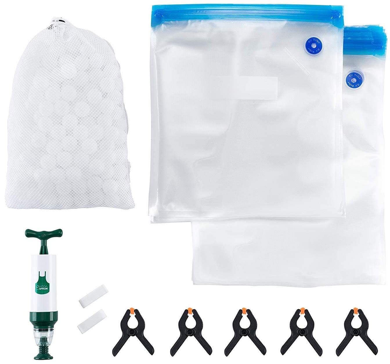 Sous Vide Bags Kit for Anova, Joule and all Popular Brands - 20 Reusable BPA FREE Sous Vide Bags, 1 Hand Pump, 5 Sous Vide Clips, 2 Bag Sealing Clips, 250 Cooking Water Balls With Mesh Drying Bag