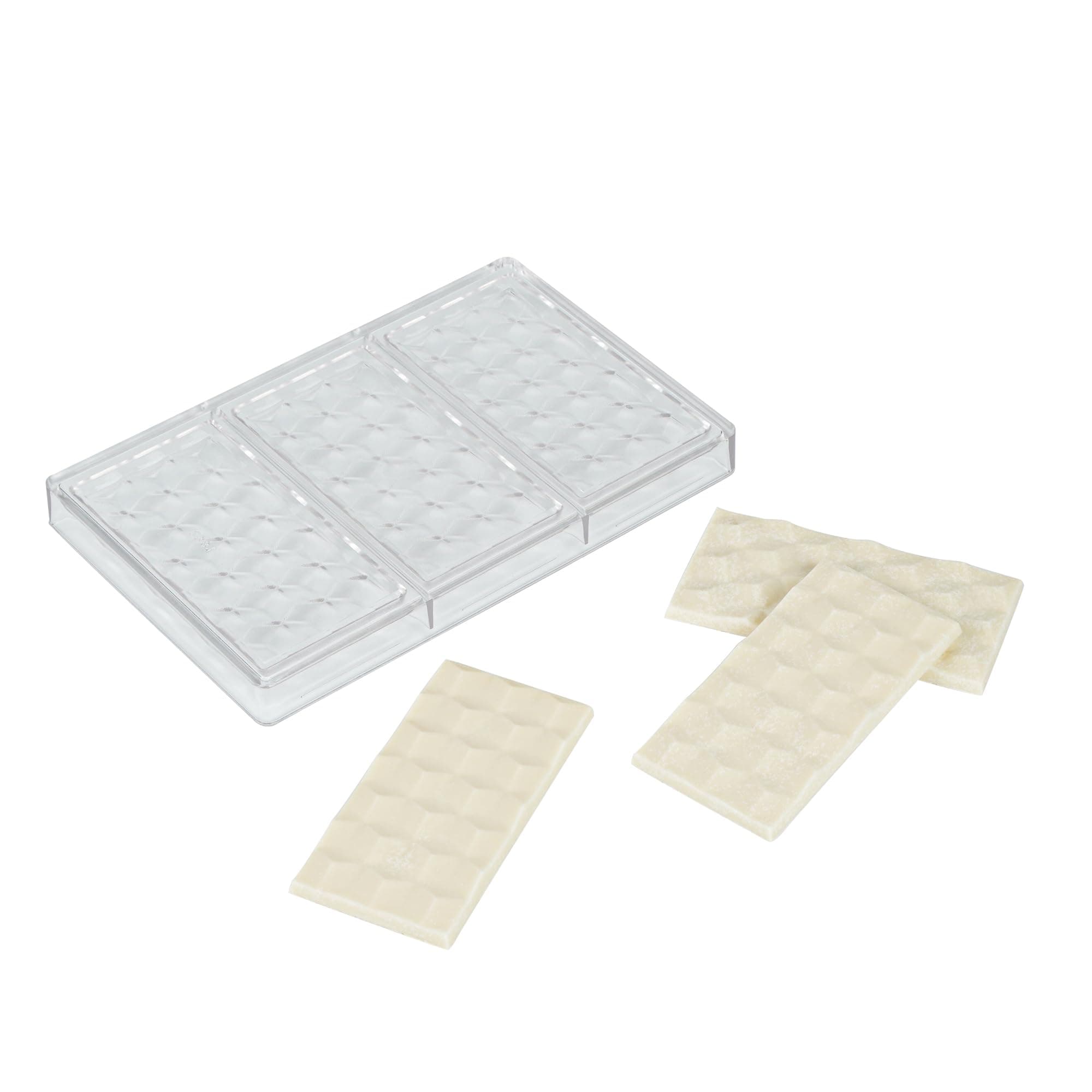 Pastry Tek 10.8 x 6.9 Inch Chocolate Shaping Mold, 1 Freezable Candy Mold - 3 Cavities, 3D Cube-Shaped, Clear Polycarbonate Chocolate Mold, Dishwashable, Easy To Release - Restaurantware