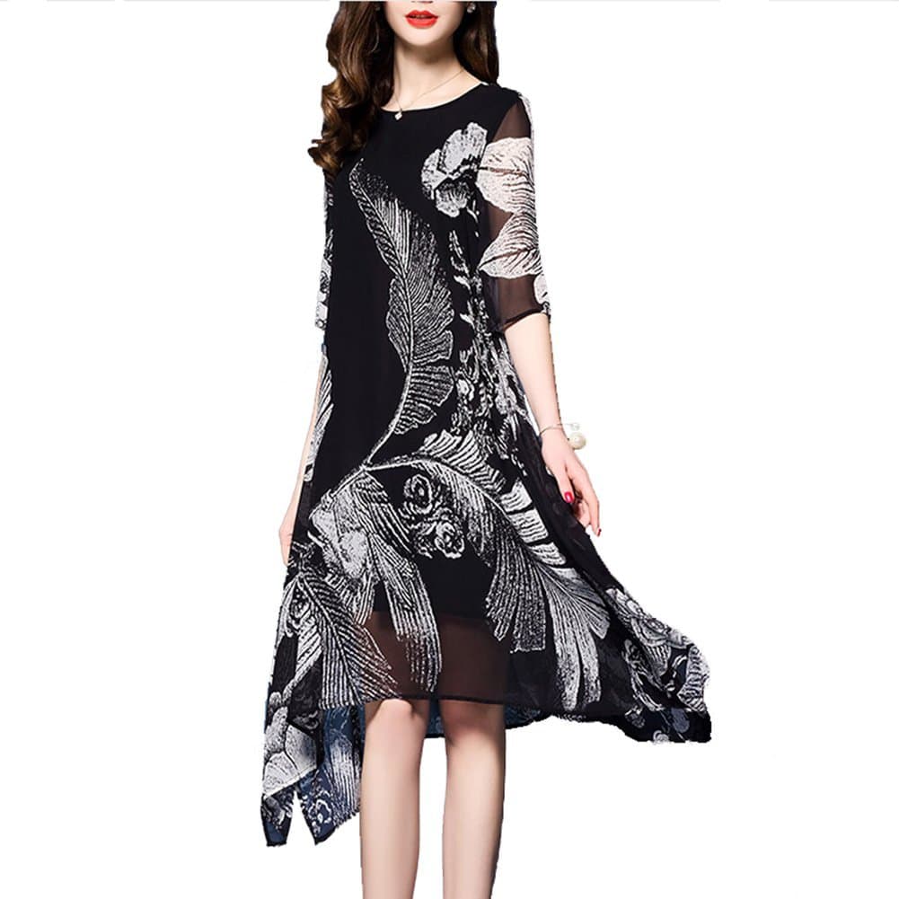 Dress Women's Clothing Self-cultivation Printing Silk Chiffon Short Sleeve Dresses,Black,M