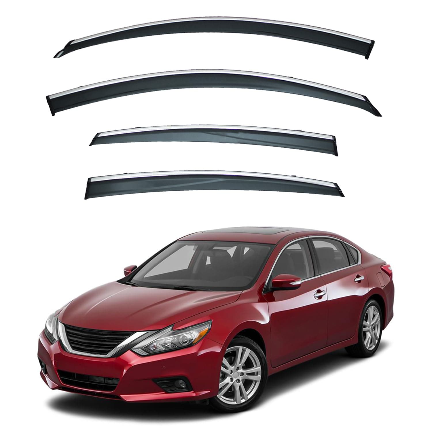 4pcs Smoke Tint with Chrome Trim Outside Mount Tape On/Clip On Style PVC Sun Rain Guard Vent Window Visors Compatible with 13-18 Altima 4-Door Sedan