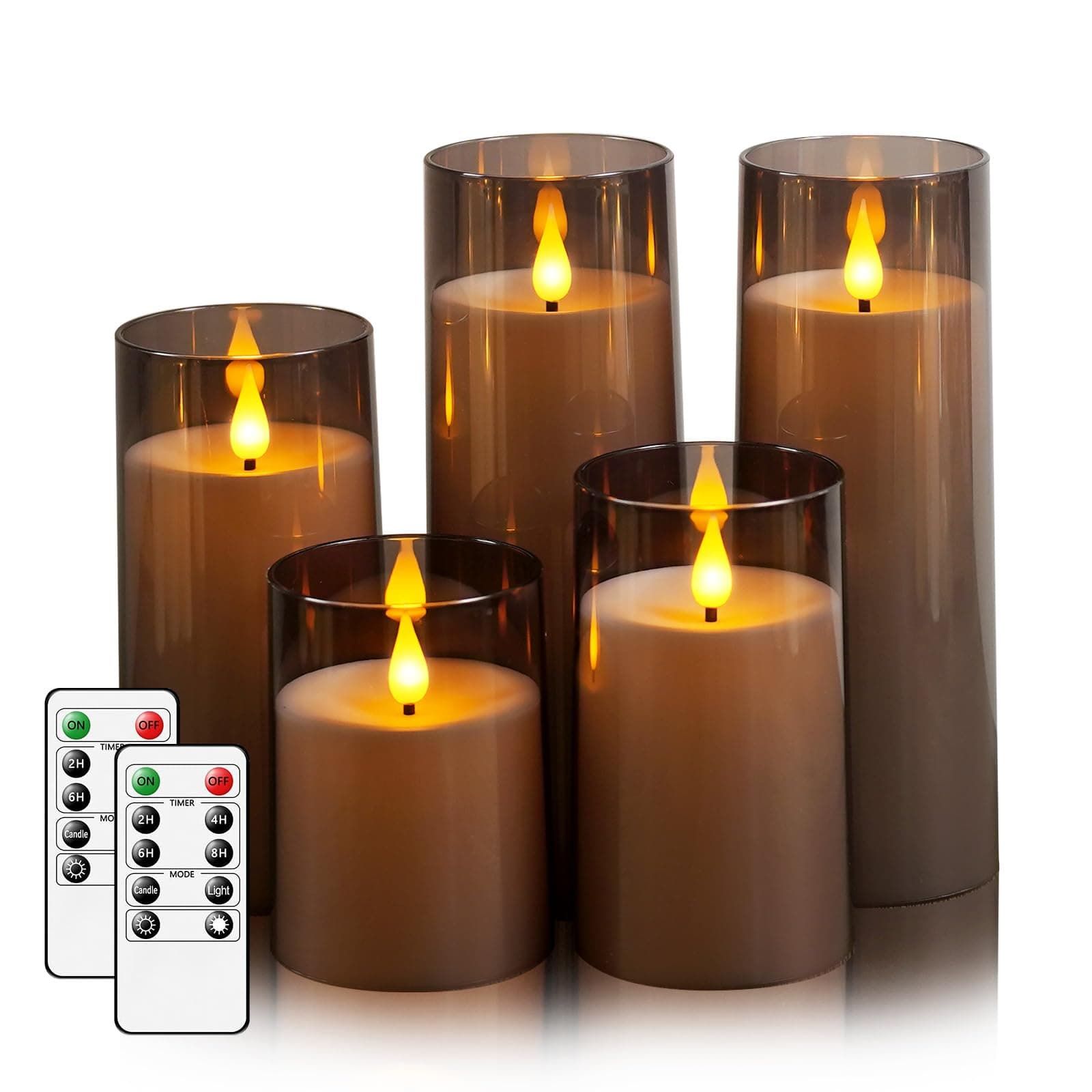 Fo32won Grey LED Flameless Pillar Candles Battery Operated with Remote Timer, 5 Pack 3D Flickering Acrylic Candles for Home Living Room Bedroom Fireplace Wedding Party Holiday Decor & Gift