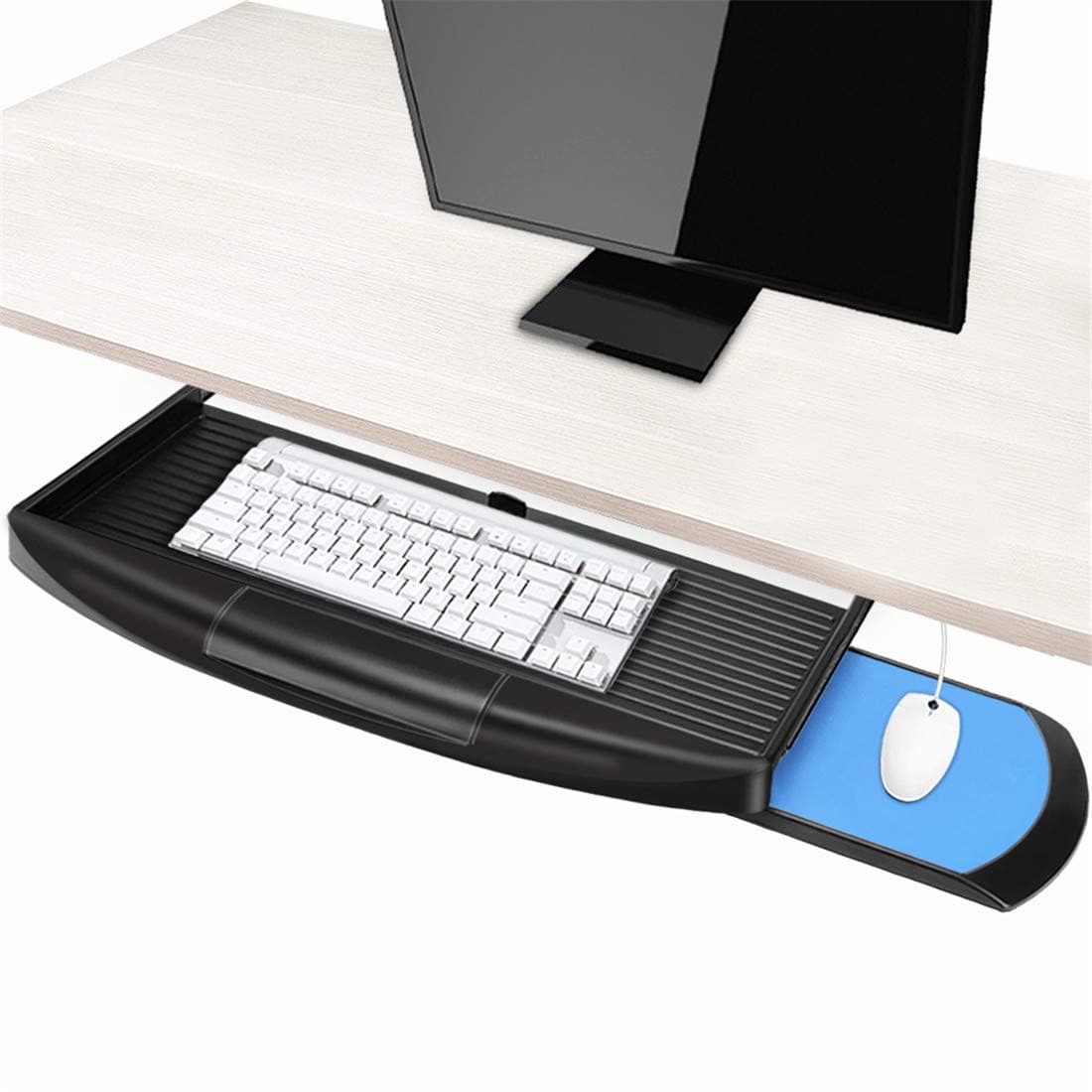 Keyboard Tray Under Desk with Mouse Platform, Under Mount Keyboard Sliding Tray with Mouse Holder for Desk, Pull Out Keyboard Drawer