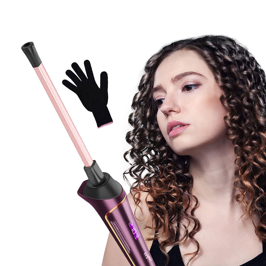 HS Onsing Curling Wand, 9mm Mini Square Edges Curling Wand Iron,Professional Tourmaline Ceramic Barrel Hair Curler 120 ℃ ~ 210 ℃ Adjustable, Hair Curling Wand for Long & Short Hair with Heat Glove