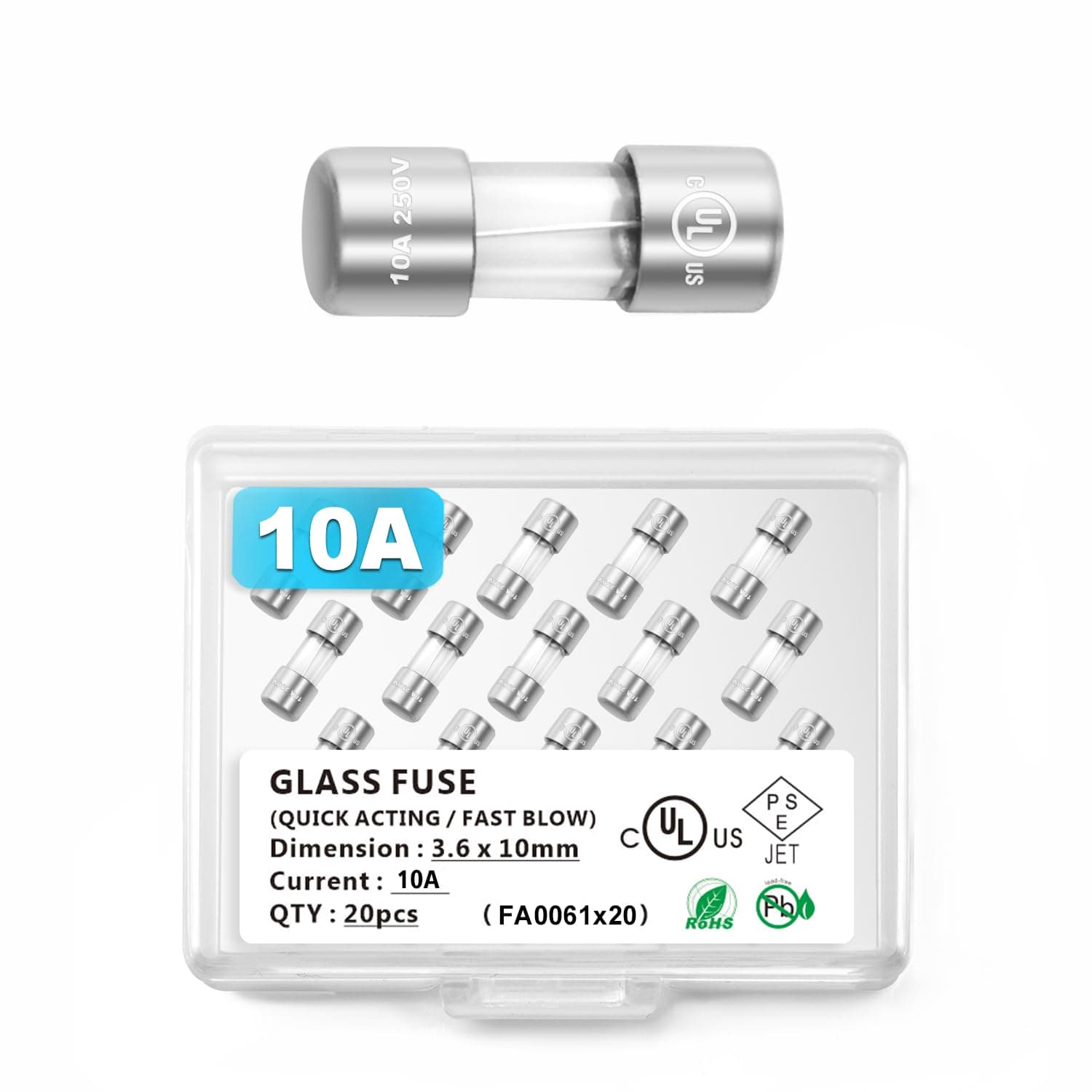 Chanzon 20 PCS 3.6x10mm UL Listed AGC Glass Fuses 10A 125V/250V 10A F10AL AGC Fast Blow Cartridge Tube Fuses 125V / 250V 20pcs f10al250V (0.15x