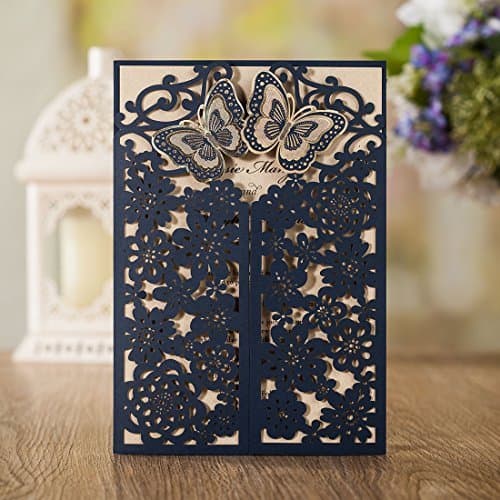 VEMELKA Laser Cut Wedding Invitations Cards Set of 50 Navy Blue Invite Card for Engagement-Graduation-Bridal-Shower