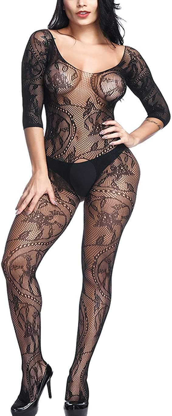 Large Flower Fishnet Bodystocking Crotchless Bodysuit with Sleeves 3-Colors Plus Size