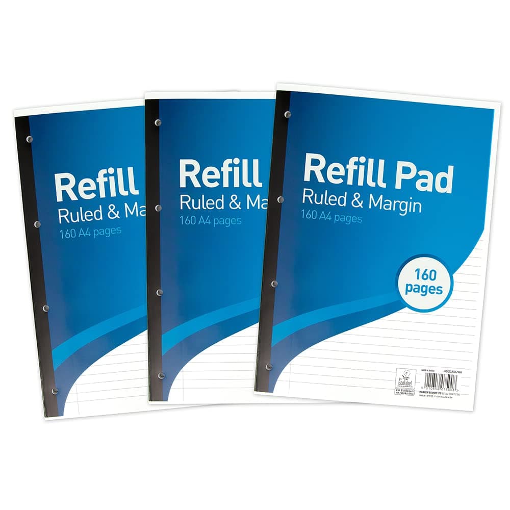 A4 Lined Paper, Refill Pad, 8 mm Ruled and Margin, 160 Page, Pack of 3