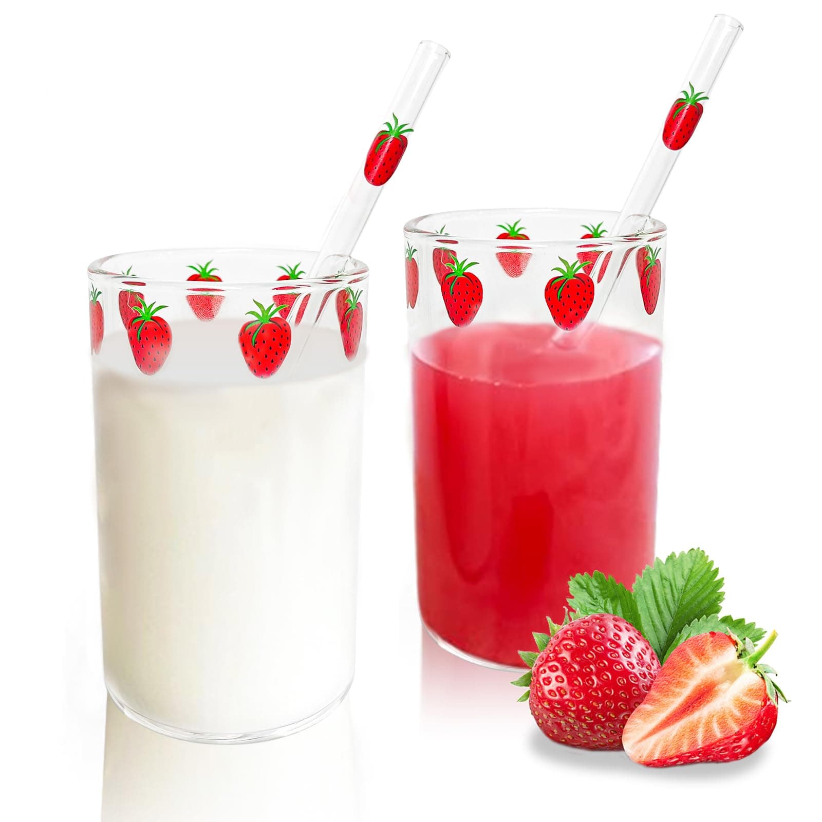 Strawberry Cups 2 Sets with Straws Cute Cups 300ML with Straw Cleaner Brush Cute Strawberry Pattern for Water Juice Milk Coffee Tea（2 Sets）