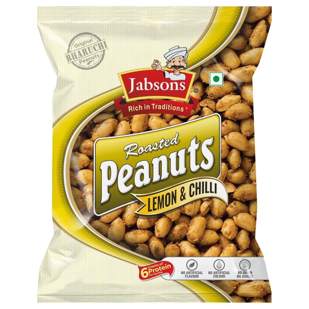 Jabsons Roasted Peanut Lemon & Chilly - 140gm | Jumbo Bharuchi Flavoured Peanuts | Premium Roasted Moongfali | Ready to eat healthy snacks | Anytime Snack | Gluten free | Nimboo Mirchi Flavour
