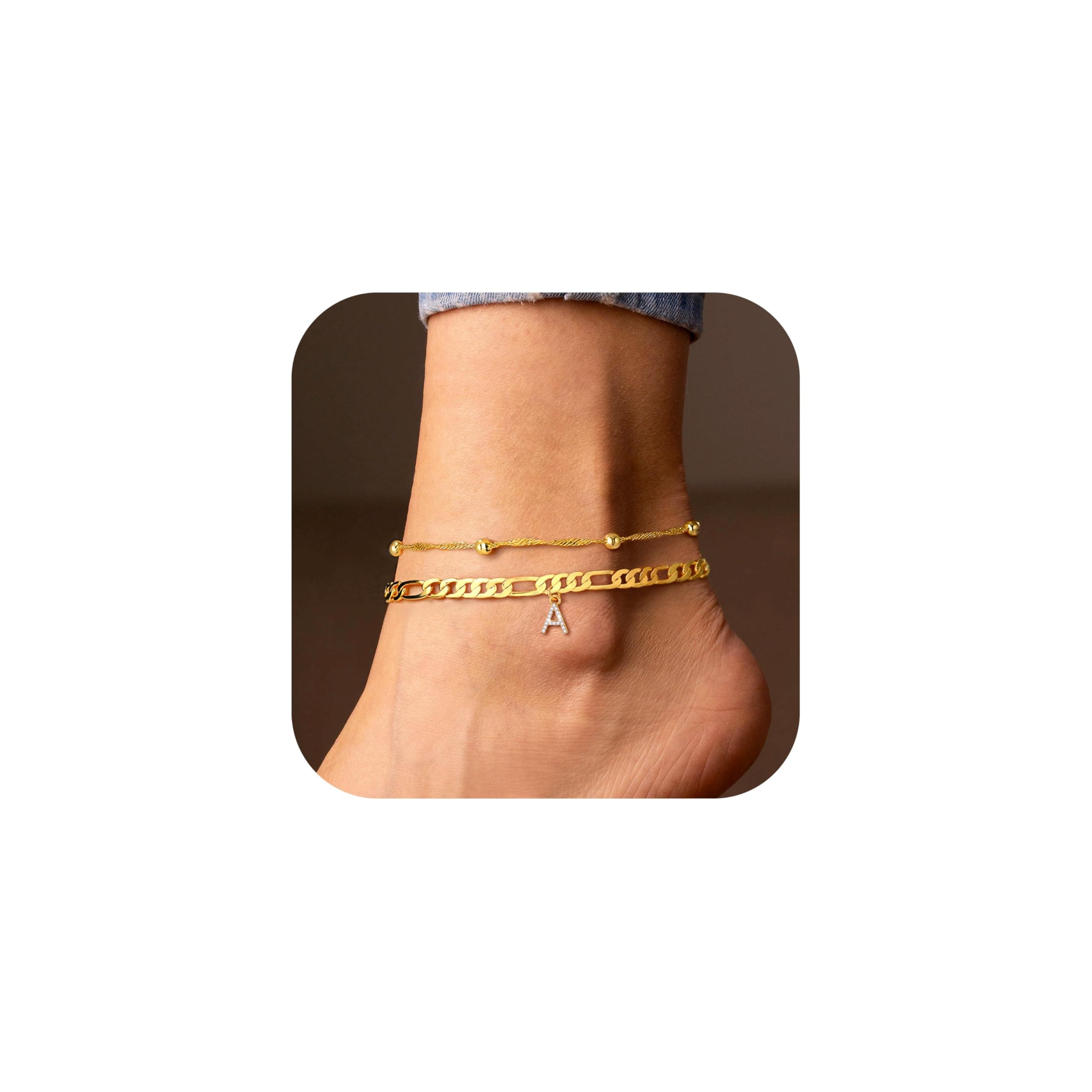 UrsteelAnkle Bracelets for Women, 14K Gold Plated Dainty Layered Chain CZ Initial Anklets Summer Jewelry Gifts for Women, 8 5 inch, Metal, Cubic Zirconia