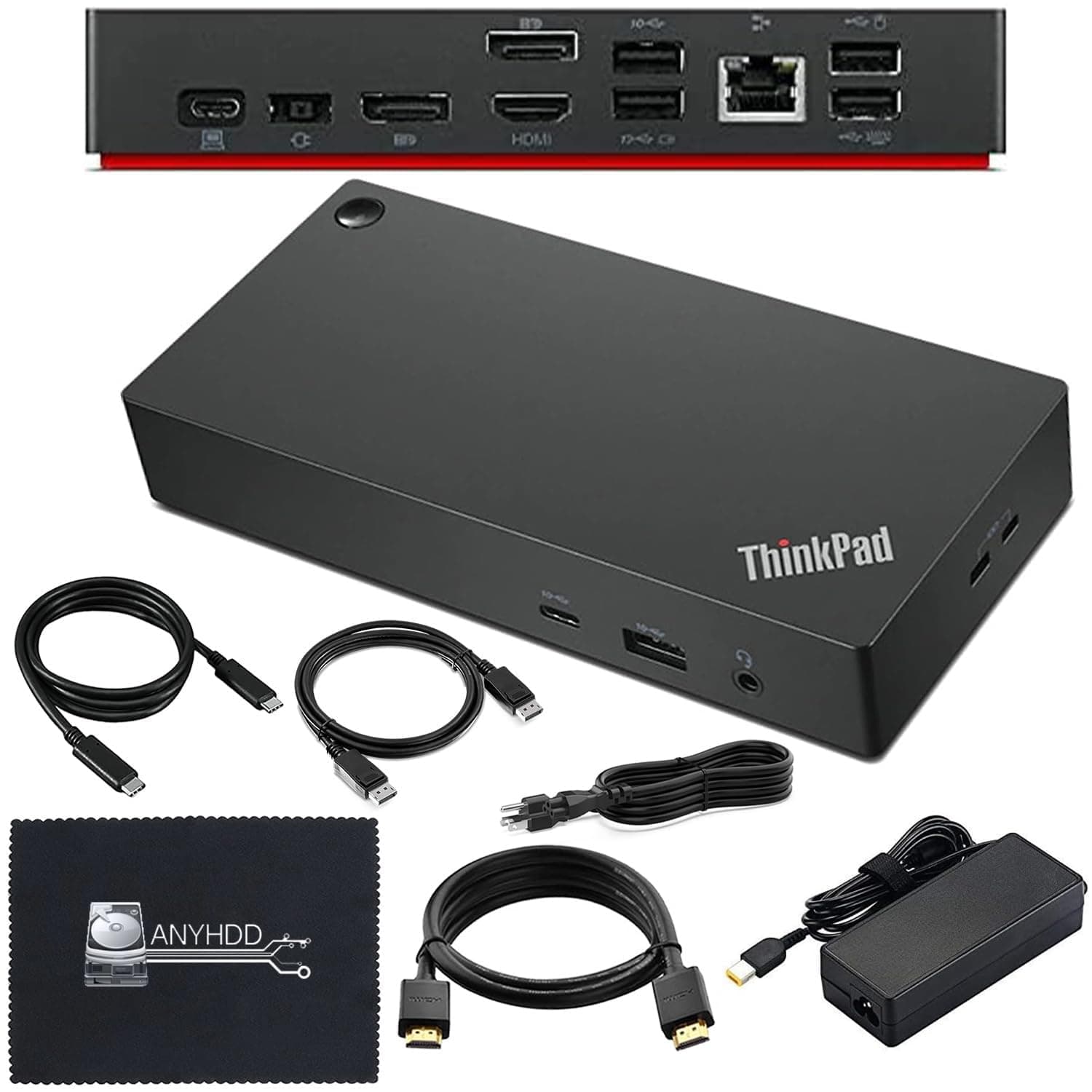 40AY0090US Lenovo Thinkpad Docking Station Dual Monitor - Supports 4K Display, Thinkpad Dock with 90W Adapter, HDMI, DisplayPort, USB C Cables & Cloth - Lenovo Docking Station