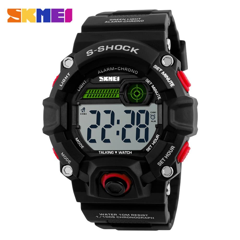 Men's Talking Alarm Clock Big Dial Digital Sports Wrist Watch Red
