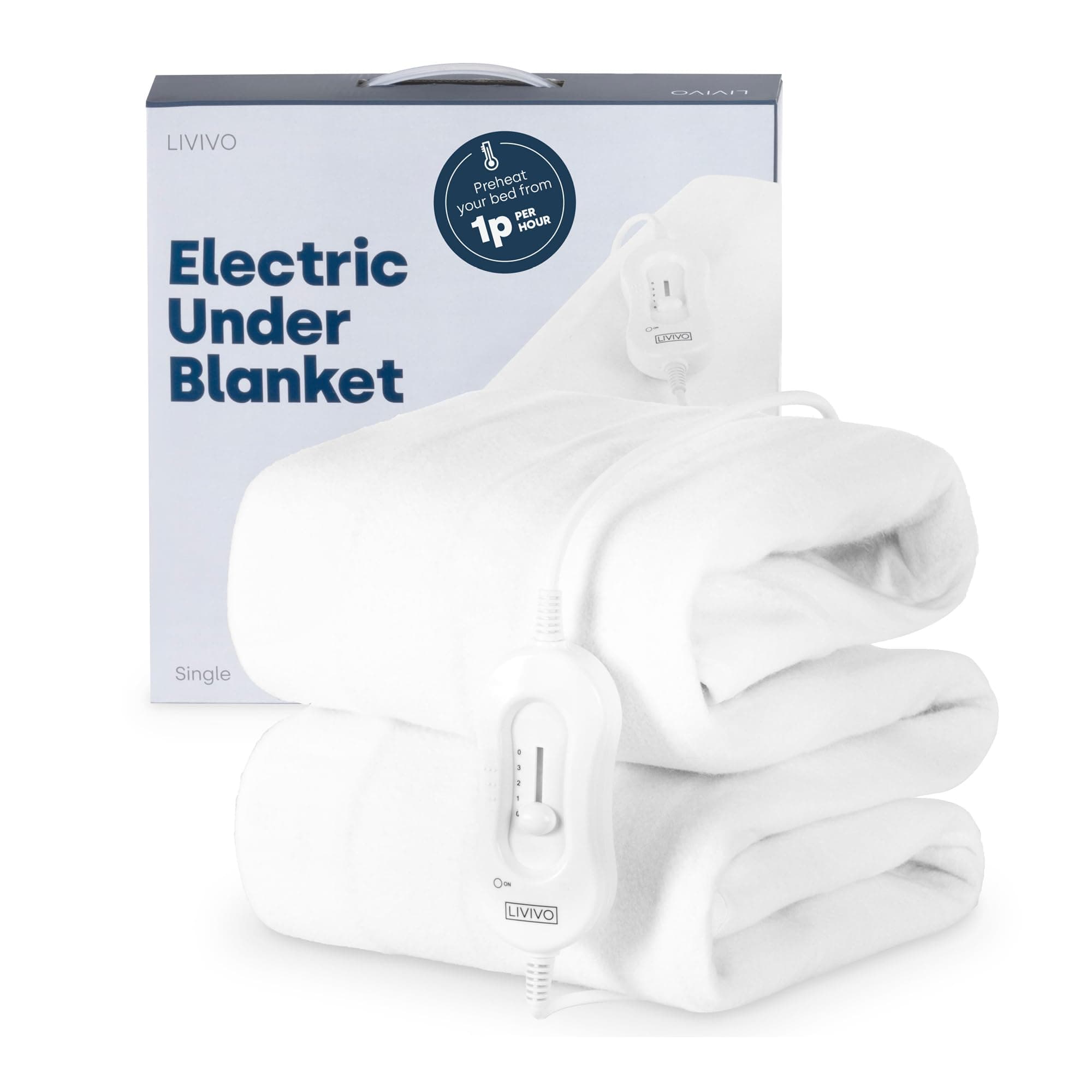 LIVIVO Electric Blanket Single Size - Heated Blanket with 3 Heat Levels, Quick Heat-Up, Detachable Control, Overheat Safety System - Electric Underblanket, Heated Mattress Topper, White, 135x65cm