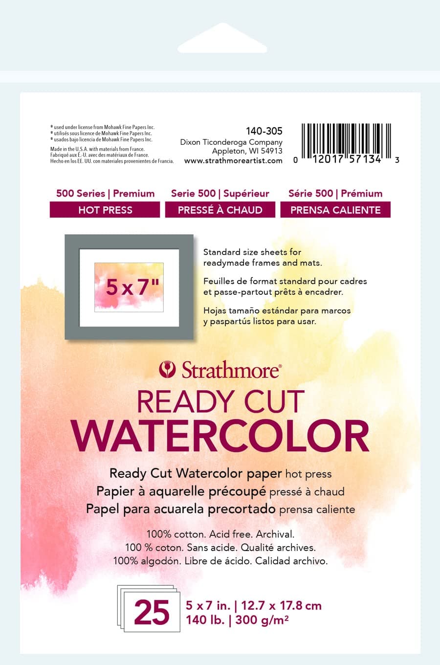 140-305 500 Series Ready Cut Watercolor Paper, 140 lb. Hot Press, 5"x7", 25 Sheets, Multicolor