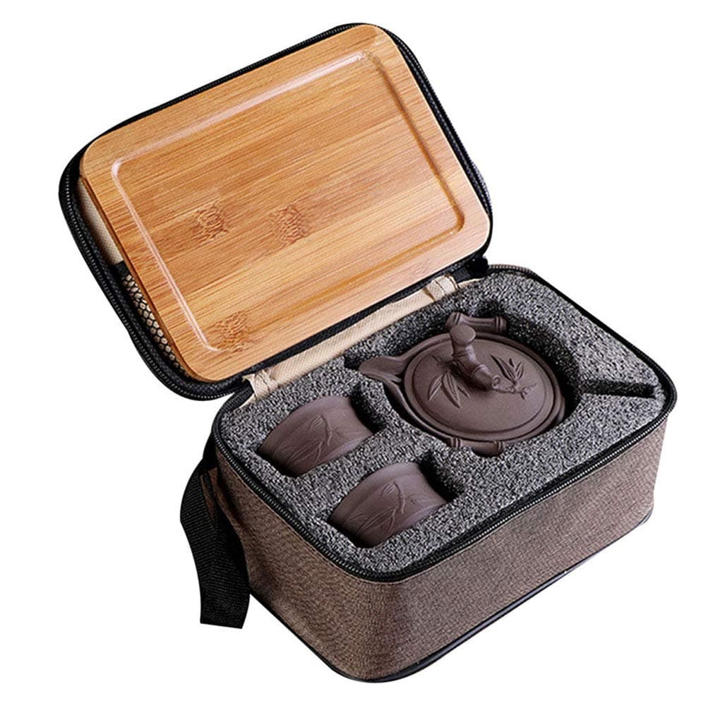 Goodbag Yixing Ceramic Teapot Chinese/Japanese Kungfu Teapot Purple Clay Teapot Travel Tea Set Porcelain Teapot, Teacups, Wooden Tea Tray, Portable Travel Bag