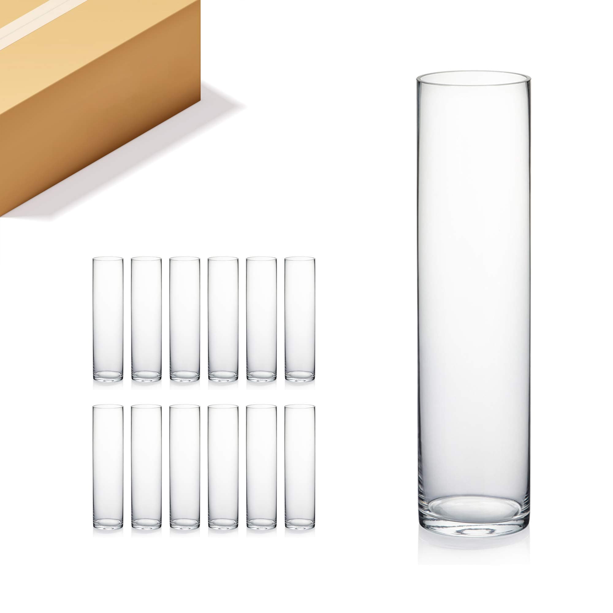 WGVI Quality Thick Weighted Clear Cylinder Glass Vases, 3" W x 12" H, Skinny Bud Vase Floral Bouquet Flower Arrangements Storage Container Candle Holders Decorative Accents, Bulk Wholesale, 12 Pieces