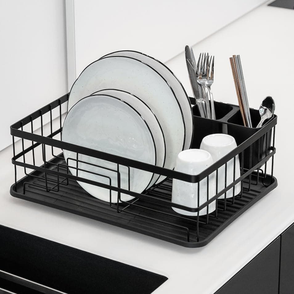 Dish Drying Rack (42x31.5x15.5cm) Matt Black Metal Dish Drainer for Sink with Cutlery Drainer and Plastic Drip Tray for Storage Draining Rack for Plate Glasses