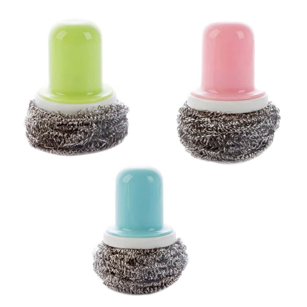 KLSS Stainless Steel Scourers Sponges Scrubbers - 2.7 Inch Diameter Steel Wire Brush Pan/Dish/Pot Brush, Set of 3 (Pink, Blue and Green)