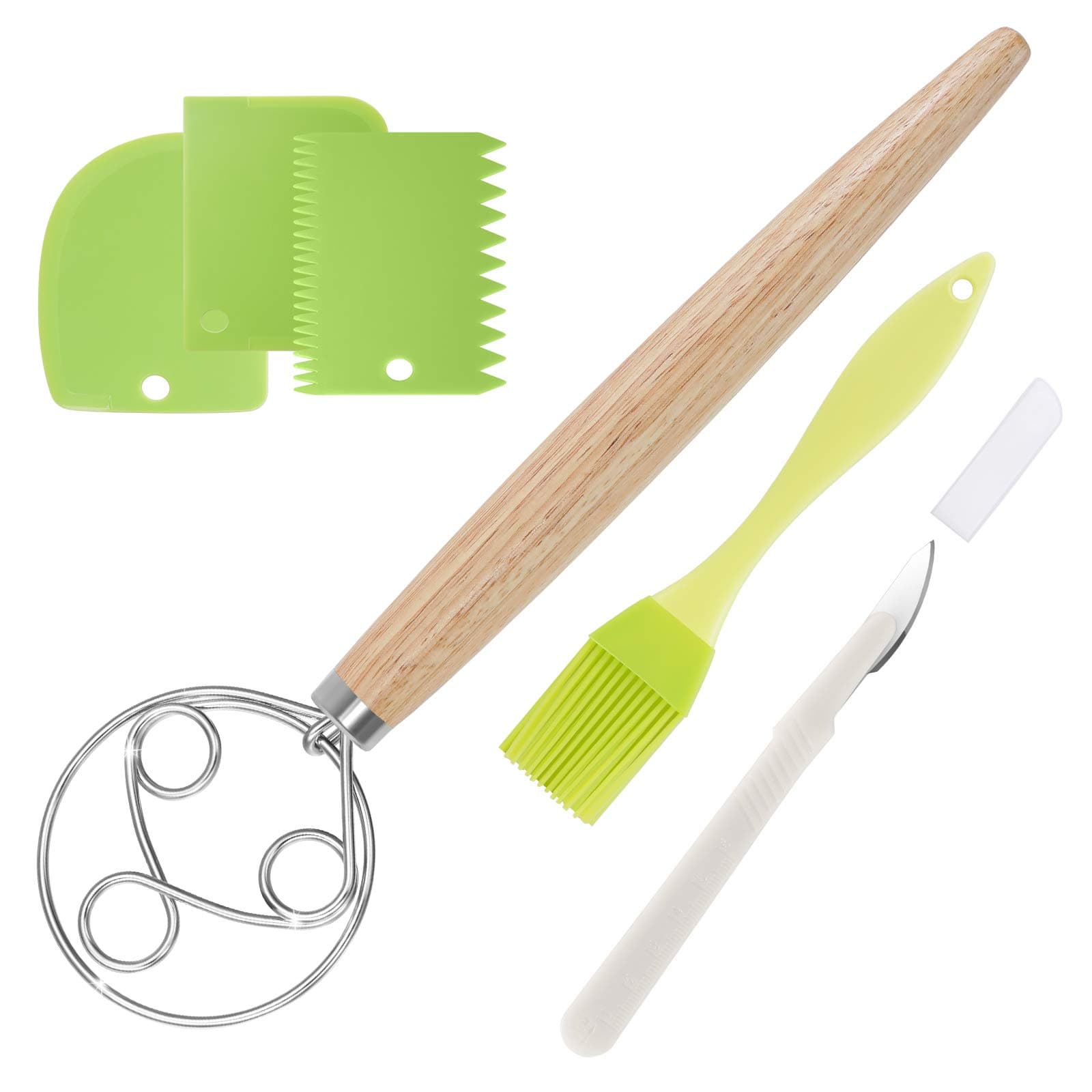 Danish Dough Whisk Large Bread Mixer, 3 Loops Dough Whisk Stainless Steel, 13" Wooden Danish Whisk - Dutch Style with Dough Scrapers for Bread, Pastry or Pizza - Perfect Baking Gifts