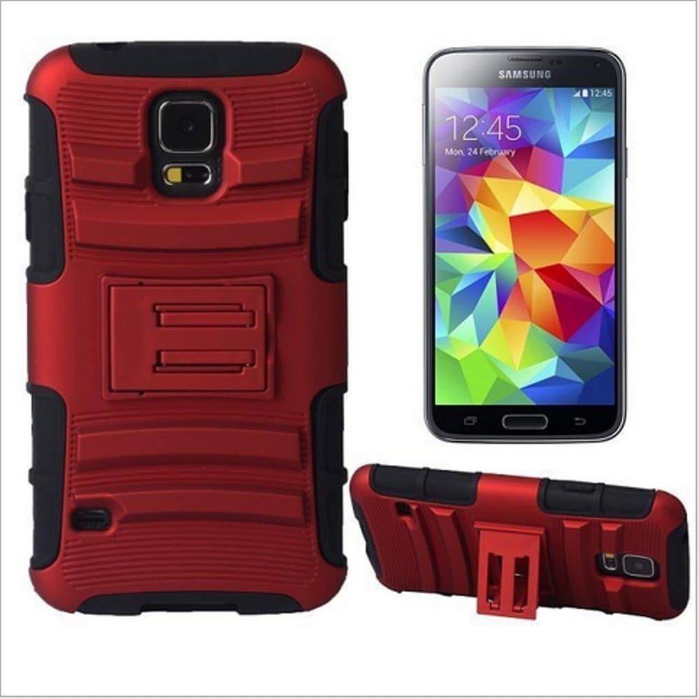 Zek Samsung Galaxy S5 Case - Prime Series Dual Layer Holster Case with Kickstand and Locking Belt Swivel Clip (Red)