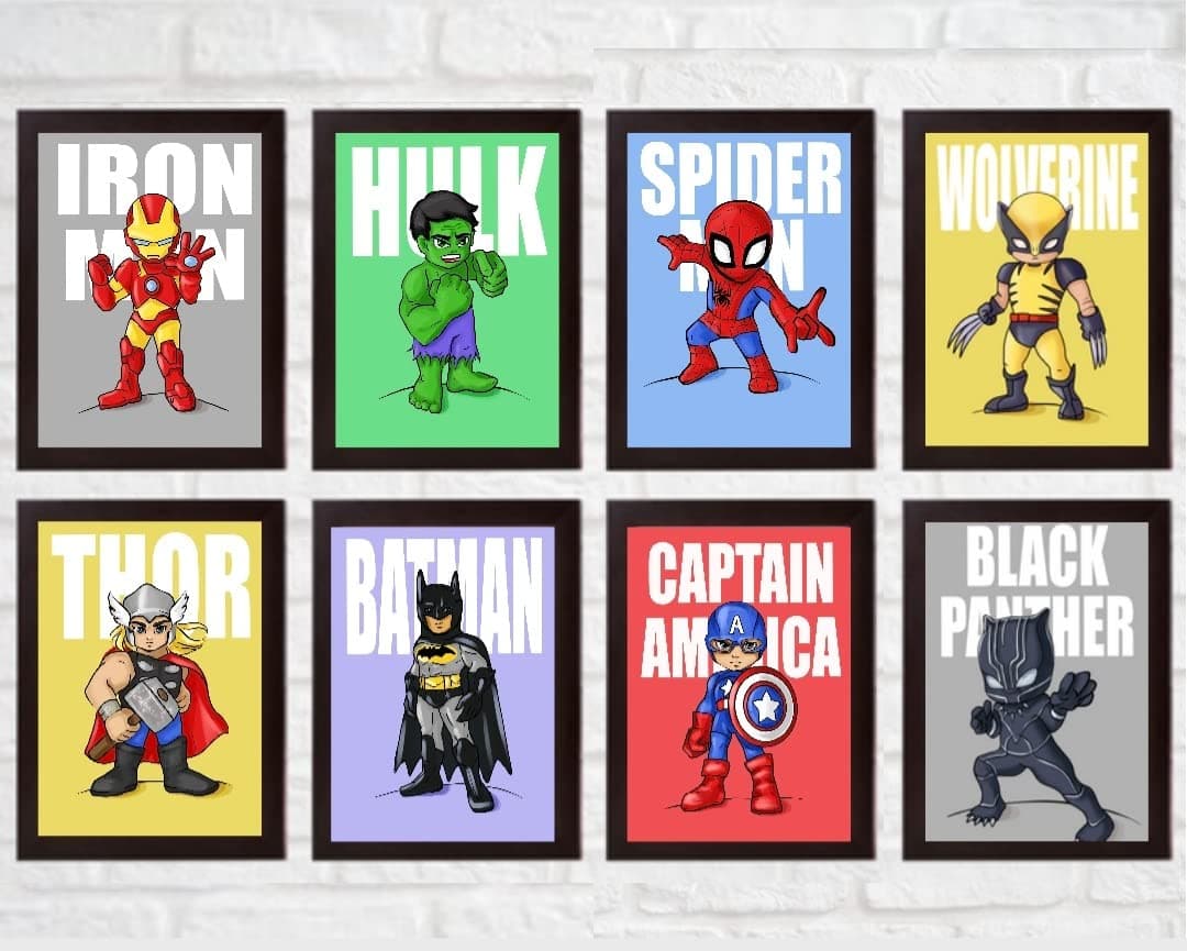 Safari Art Set of 8 Superhero Wall for Kids Room Personalized Avengers Canvas Wall Print Spiderman, Ironman, Hulk, Batman Posters for Kids Bedroom (7 x 5 inches)