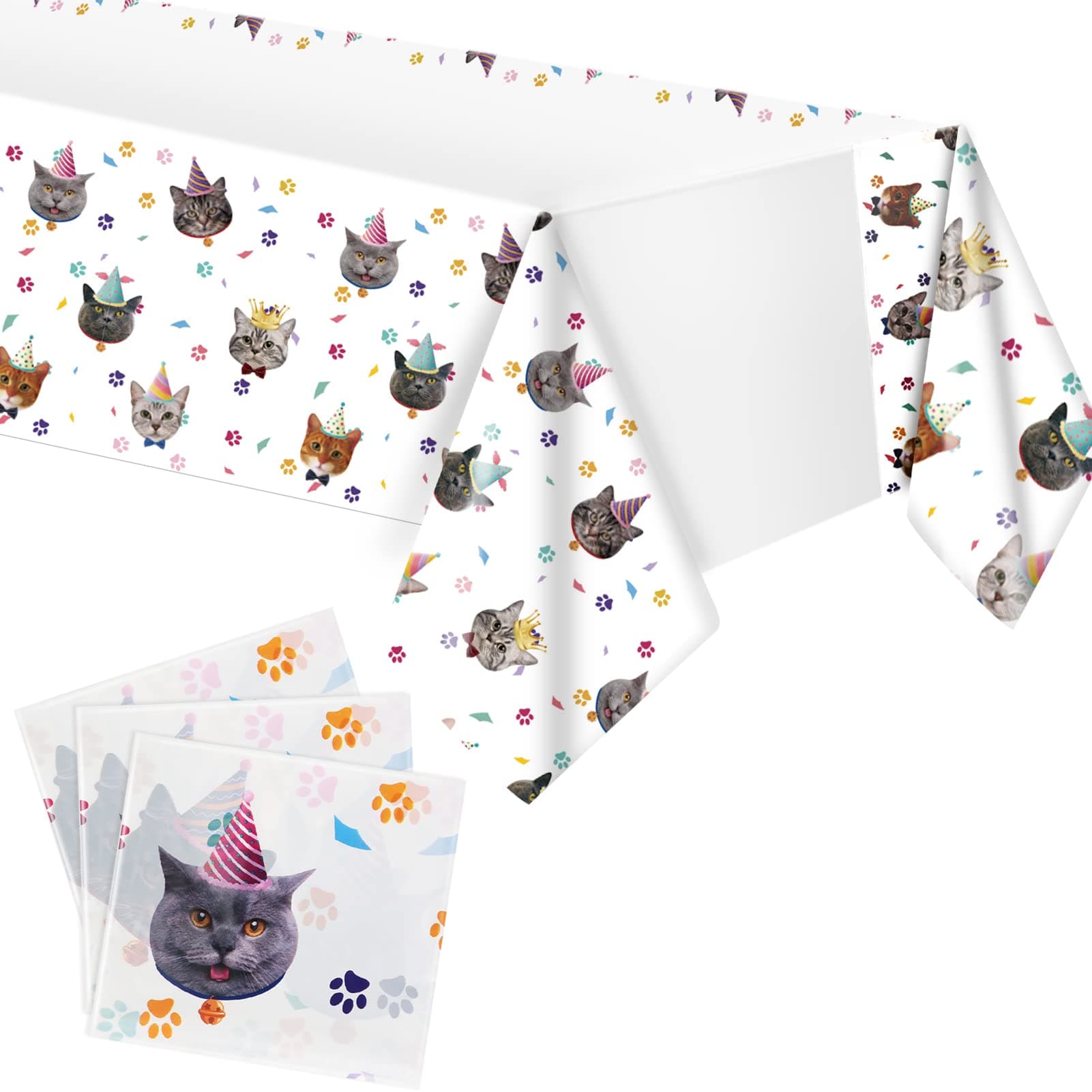 Juhap 3 Pack Cat Themed Party Tablecloth, Cat Paw Print Plastic Tablecloth Table Cover, Kitten Birthday Party Supplies for Puppy Cat Birthday Decorations Baby Shower Party, 54 x 71 Inches
