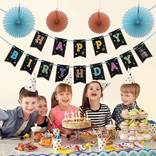 Happy Birthday Banner With 4 Fans ,Glow In The Dark UV Party Decoration Happy Birthday Glowing bunting Carnival/Kids Party Supplies Favors Colors Hanging Decoration by LIDERSTAR