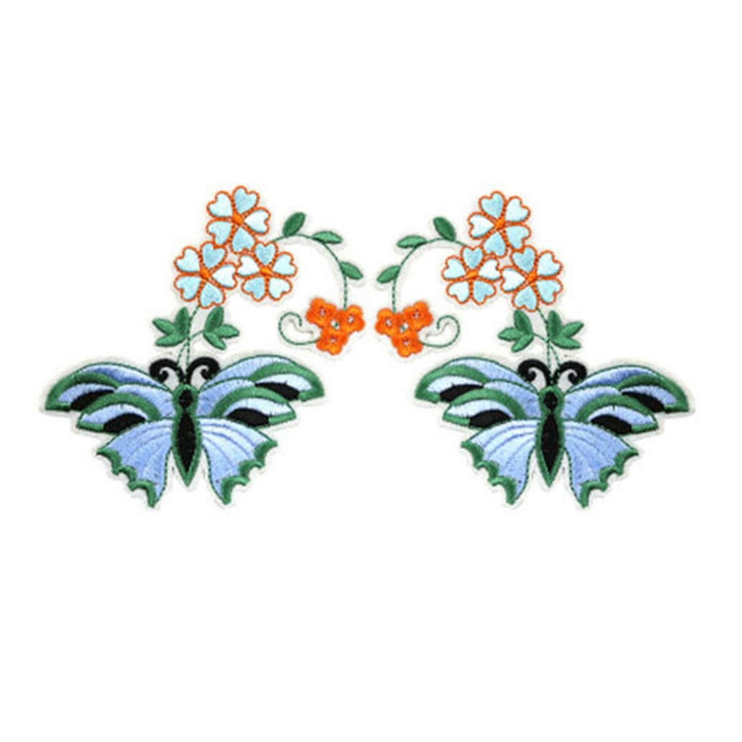 2 Pcs Flower Butterfly Patches Embroidery Iron On Appliques T-Shirt Dresses Stickers Clothes DIY Patch Coat Clothing Craft (Blue)