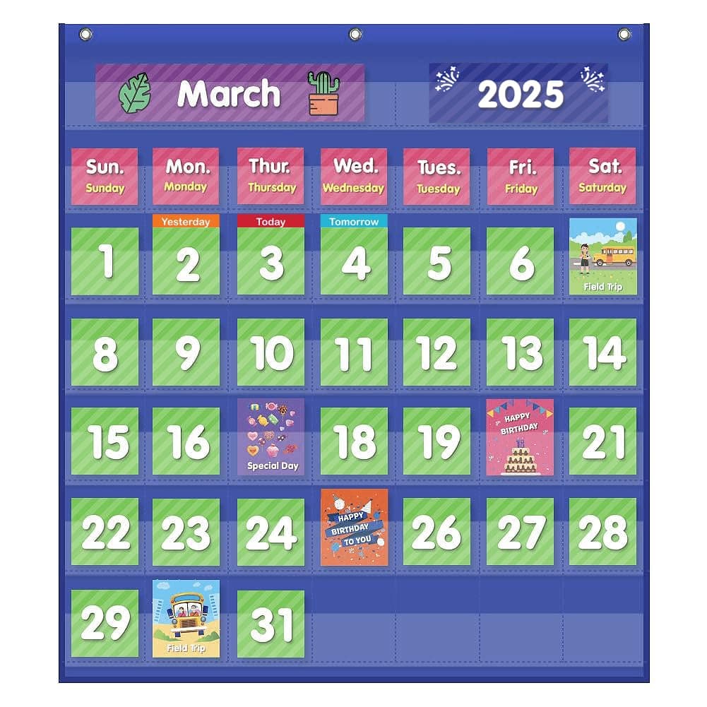 EAMAY Classroom Monthly Calendar Pocket Chart with 71 Cards for Kids Learning for Home,Blue
