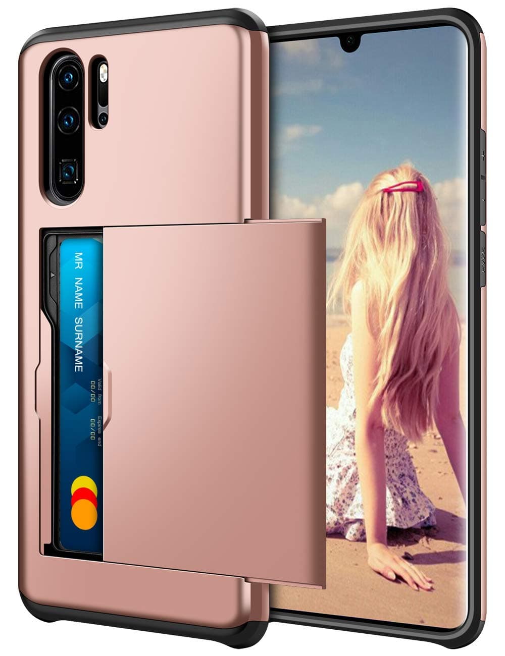Coolden for Huawei P30 Pro Case Armor Shockproof Case for Huawei P30 Pro Wallet Case Cover Protective Case Rubber Bumper Card Holder Slot Wallet Case Cover for Huawei P30 Pro Phone Case (Rose Gold)
