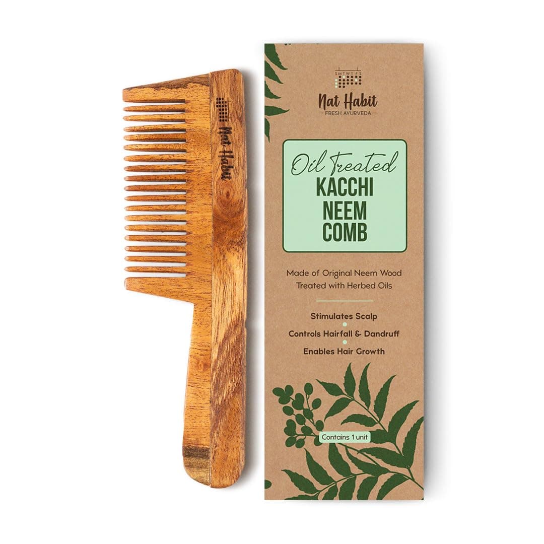 Nat Habit Kacchi Neem Wooden Comb - Soaked In 17 Herbs, Neem & Sesame Oil For Multi-Actions - Detangling, Frizz Control & Shine, Suited For All Hair Types (Fine Tooth)
