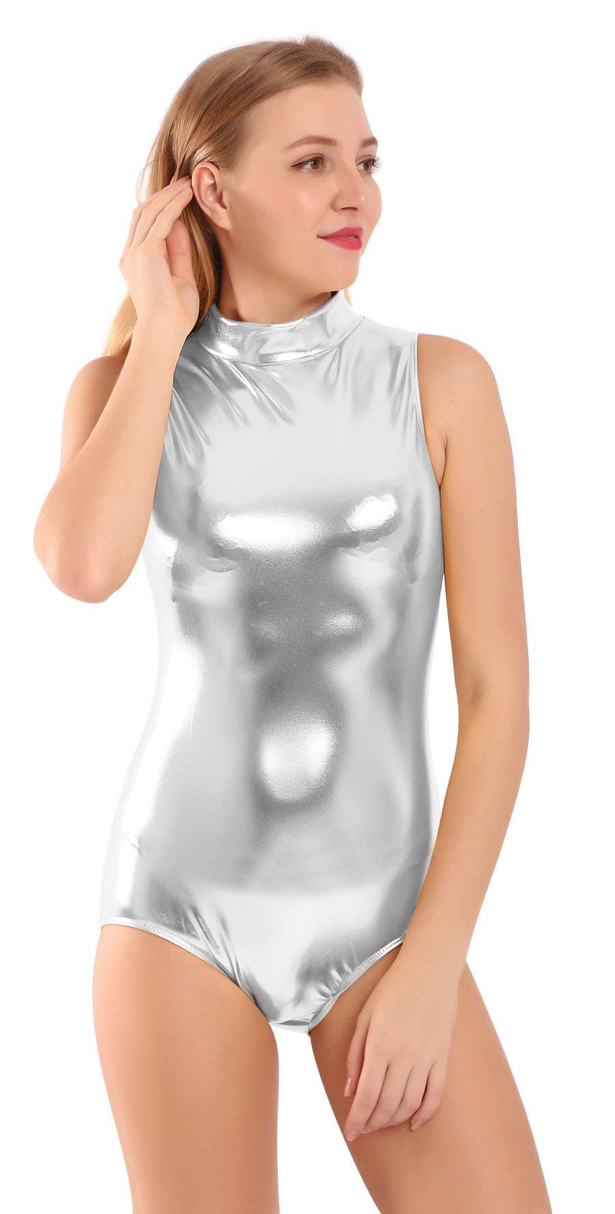 JavlyWomens Shiny Metallic Dance Leotard Spandex Mock-Turtleneck Neck Zip Back One Piece Dancewear Bodysuit