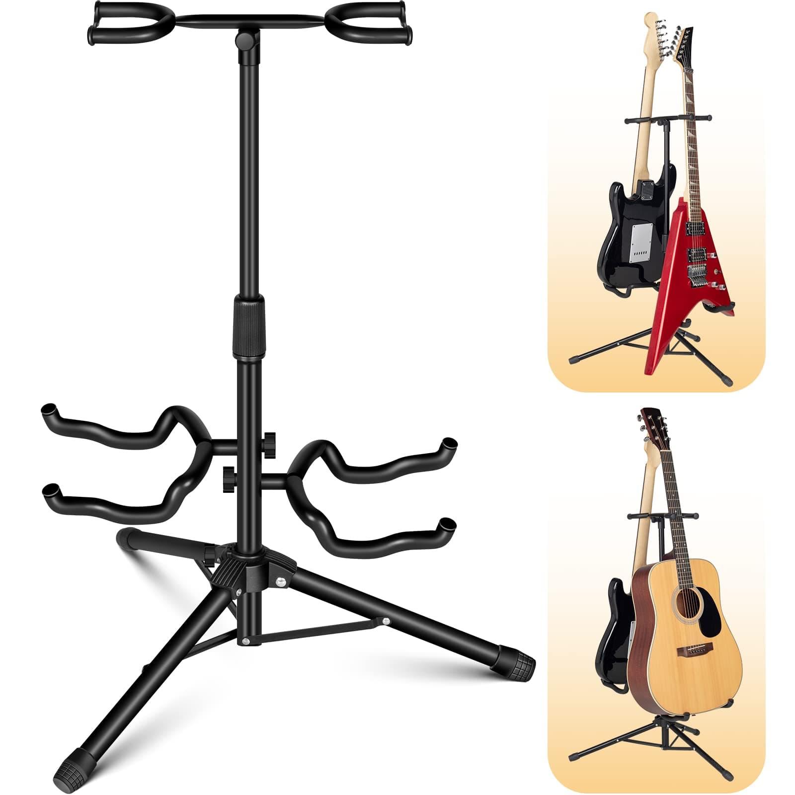 Double Guitar Stand with Neck Stand, Floor Stand, Universal for Acoustic Electric Guitars, Bass, Banjos, Folding Tripod for Guitars and 2 Guitars Together