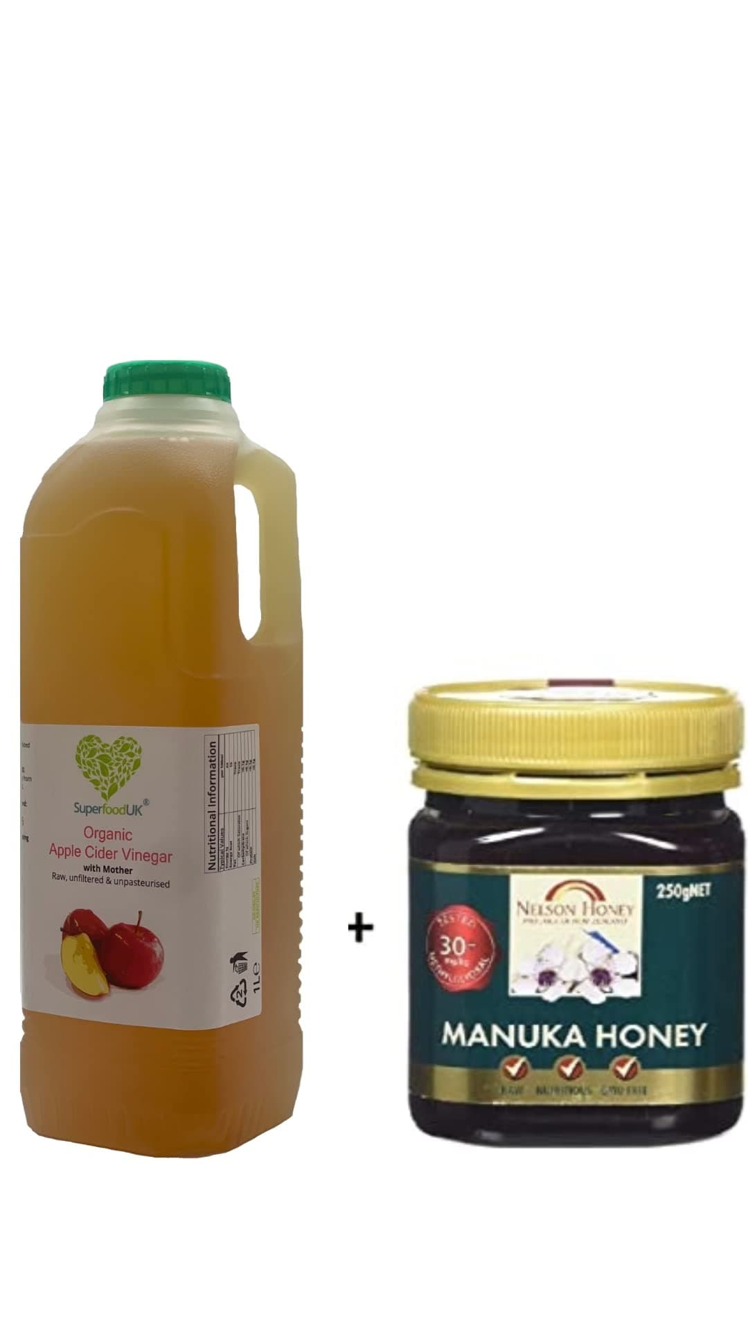 Raw Organic Apple Cider Vinegar with Mother 1000ml & Active Manuka Honey 30+ 250g - Natural Flavour, Value for Money, Unfiltered, Unpasteurized, ACV, Vegetarian Friendly - SuperfoodUK& Nelson Honey
