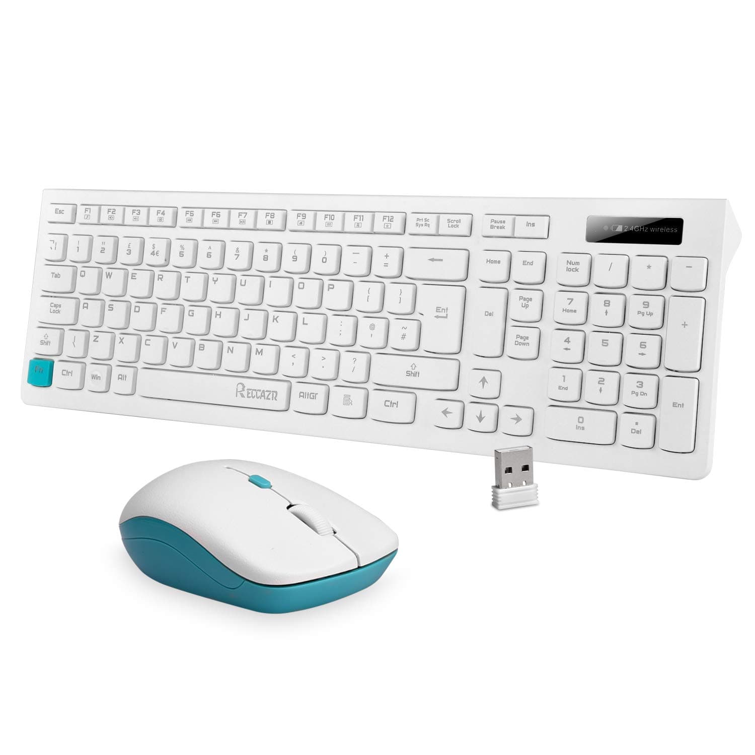 UK Layout Wireless Keyboard and Mouse,(Full Size Chiclet Keyboard,Long Battery life) RECCAZR Ultra thin 2.4G Cordless Optical Wireless Mouse and Keyboard Set with Nano USB Receiver (White)