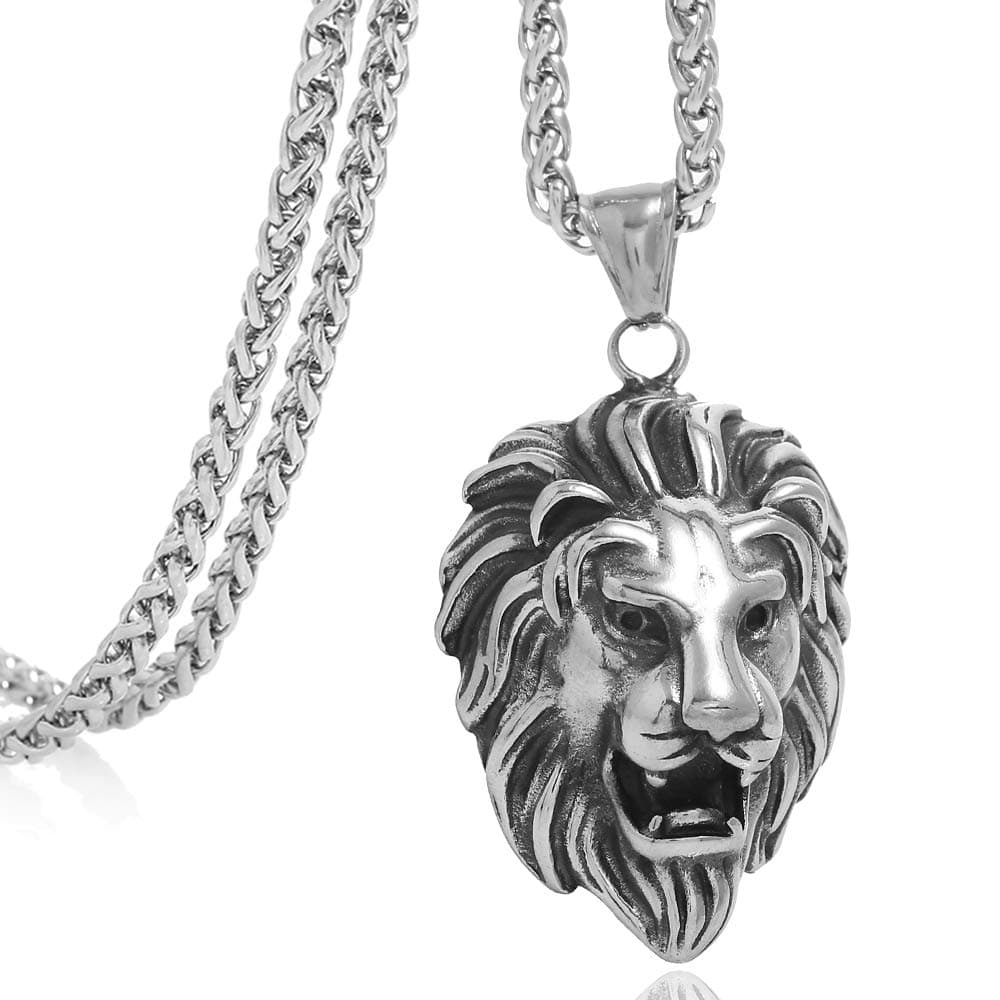 Men's Stainless Steel Lion Biker Pendant Necklace with 24 inch Keel Link Chain