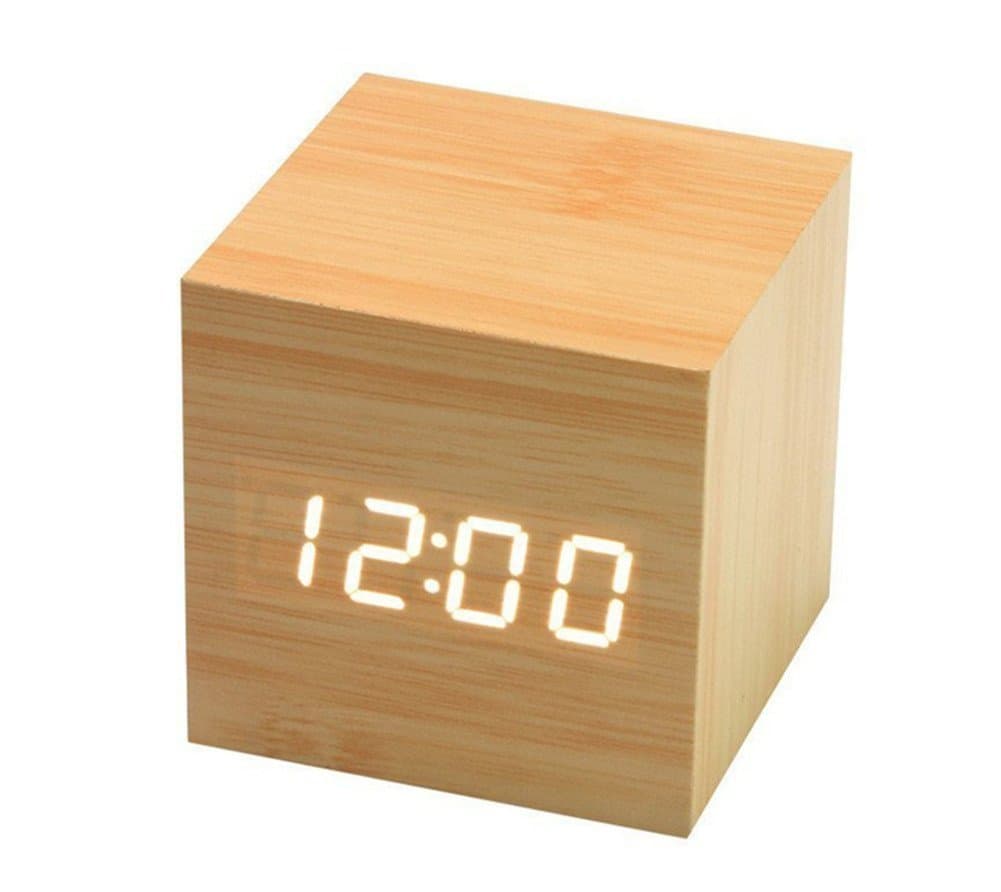 SKYWELL Wooden Cube Click Clock Digital LED Desk Alarm Clock Voice Control Thermometer Timer Calendar (Bamboo ,White light)
