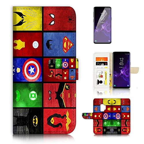 (For Samsung S9+/Galaxy S9 Plus) Flip Wallet Case Cover & Screen Protector Bundle - A0139 Superhero Batman Superman Wonder Woman Collection 0139