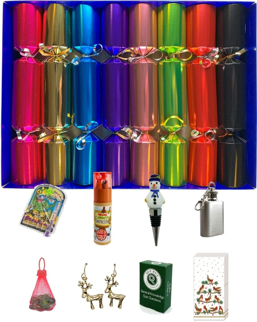 Crackers Ltd Set of 8 Bright Metallic Family Christmas Crackers - hand filled in UK gifts for all the family