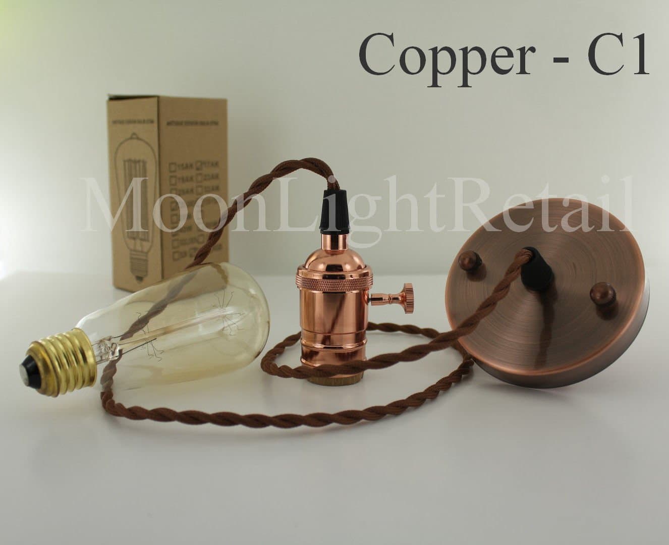 Industrial Edison Vintage Lamp Holder E27 Screw Bare Bulb Complete Set -COPPER