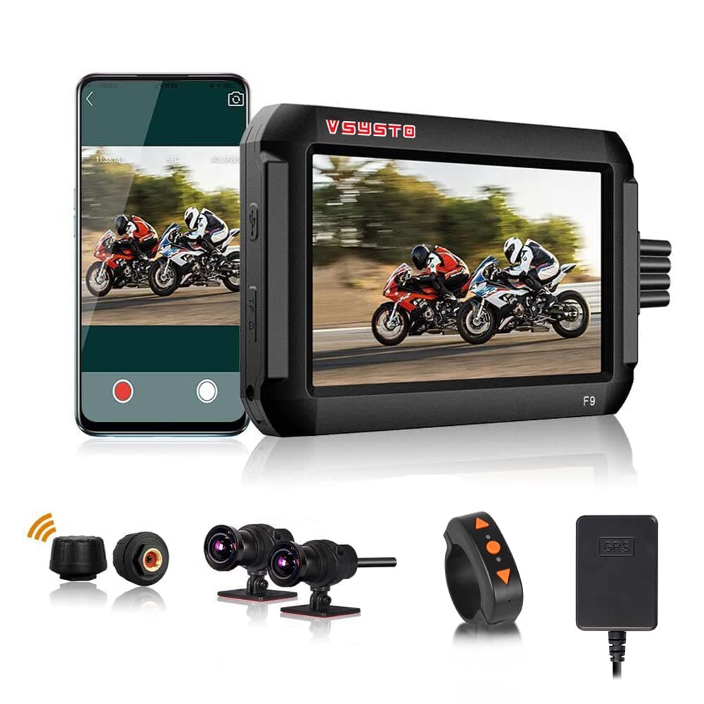 Vsysto Dash Cam Action Camera DVR Recorder System dual 1080P Sony-IMX323 Lens for Sports Bike/Motorcycle with Full HD 2CH Front and Rear View Wide Angle 3.0'' LCD
