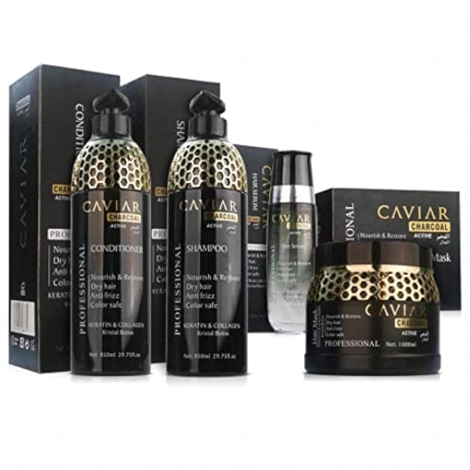 Caviar Charcoal Kit Keratin and Active Collagen - 1x4 (Shampoo 850ml, Conditioner 850ml, Hair Mask 1000ml And Hair Serum 100ml)