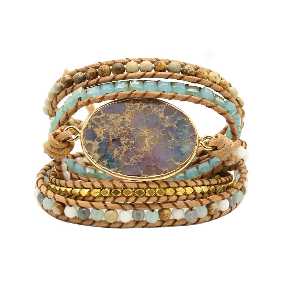 PANYSILVER Gold Plated Wrap Natural Stones Leather Wrap Around Stone Bracelet 5 Layer Natural Jasper Crystal Beaded Leather Bohemian Tribal Bracelet (Purple Imperial Jasper)