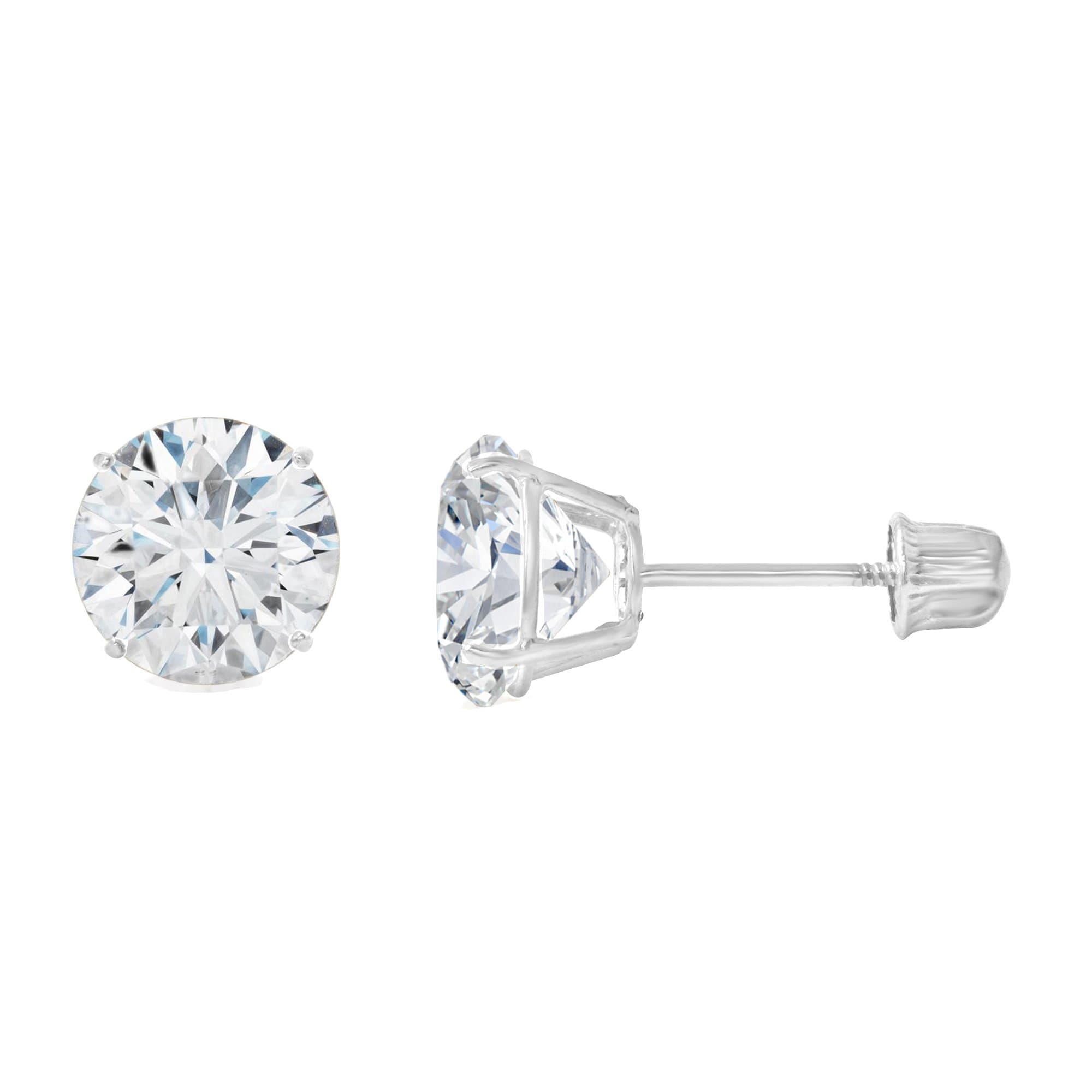 14K Yellow OR White Solid Gold Round Solitaire Cubic Zirconia CZ Stud Earrings Pair in Screw Back - Various Sizes