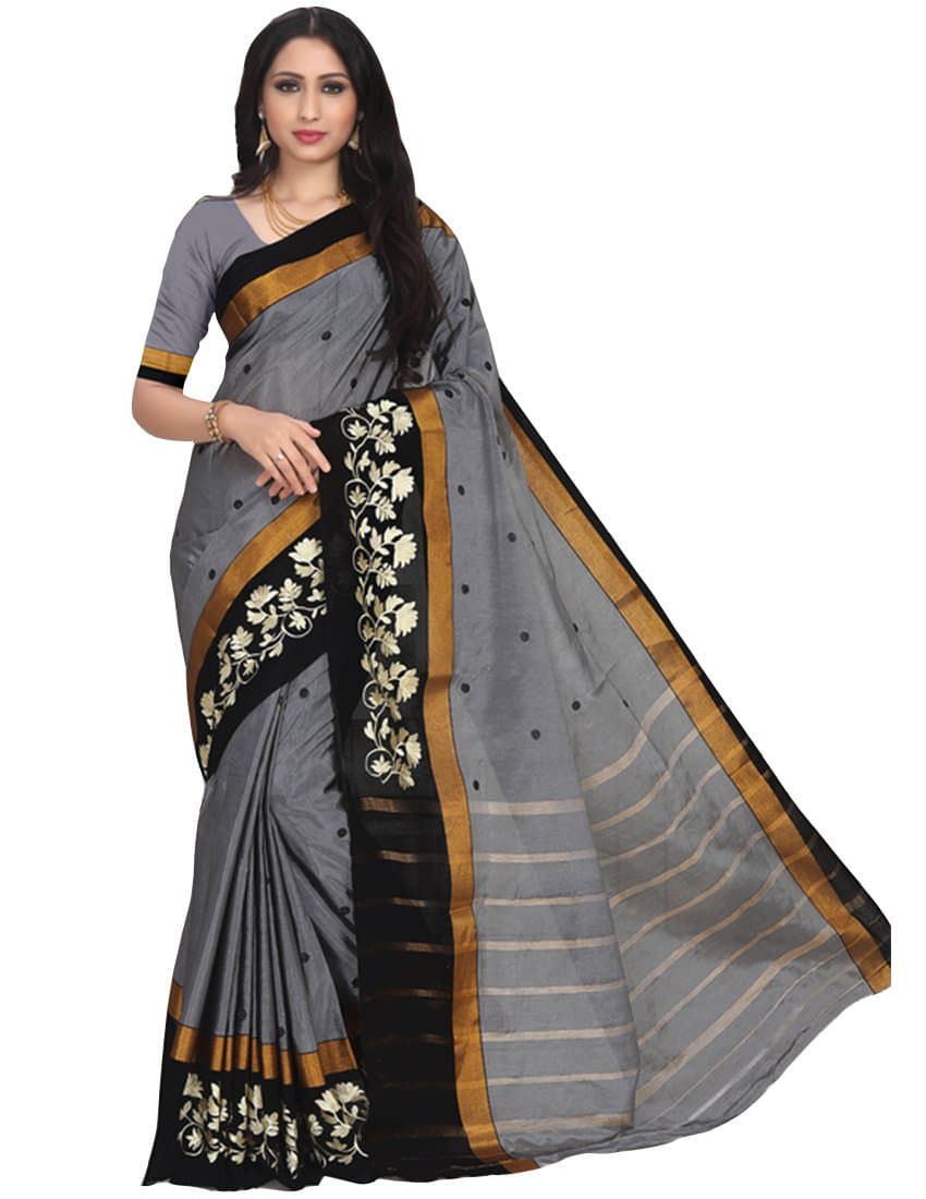 Craftsvilla Women's Cotton Thread Work Designer Grey Saree with Blouse Piece