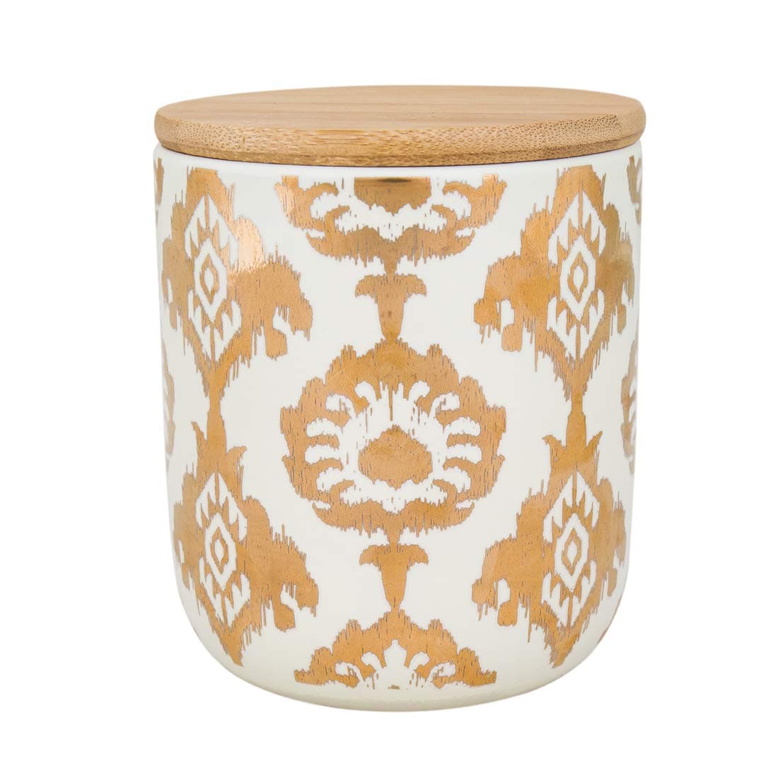 Chumbak Modern Ikat Ceramic Storage Jar - Gold & White Kitchen jar, Bamboo lid, Pantry storage, Dining & Tableware, Food storage canister for spices coffee tea cookies, Dia & hei -4.1"& 4.6"