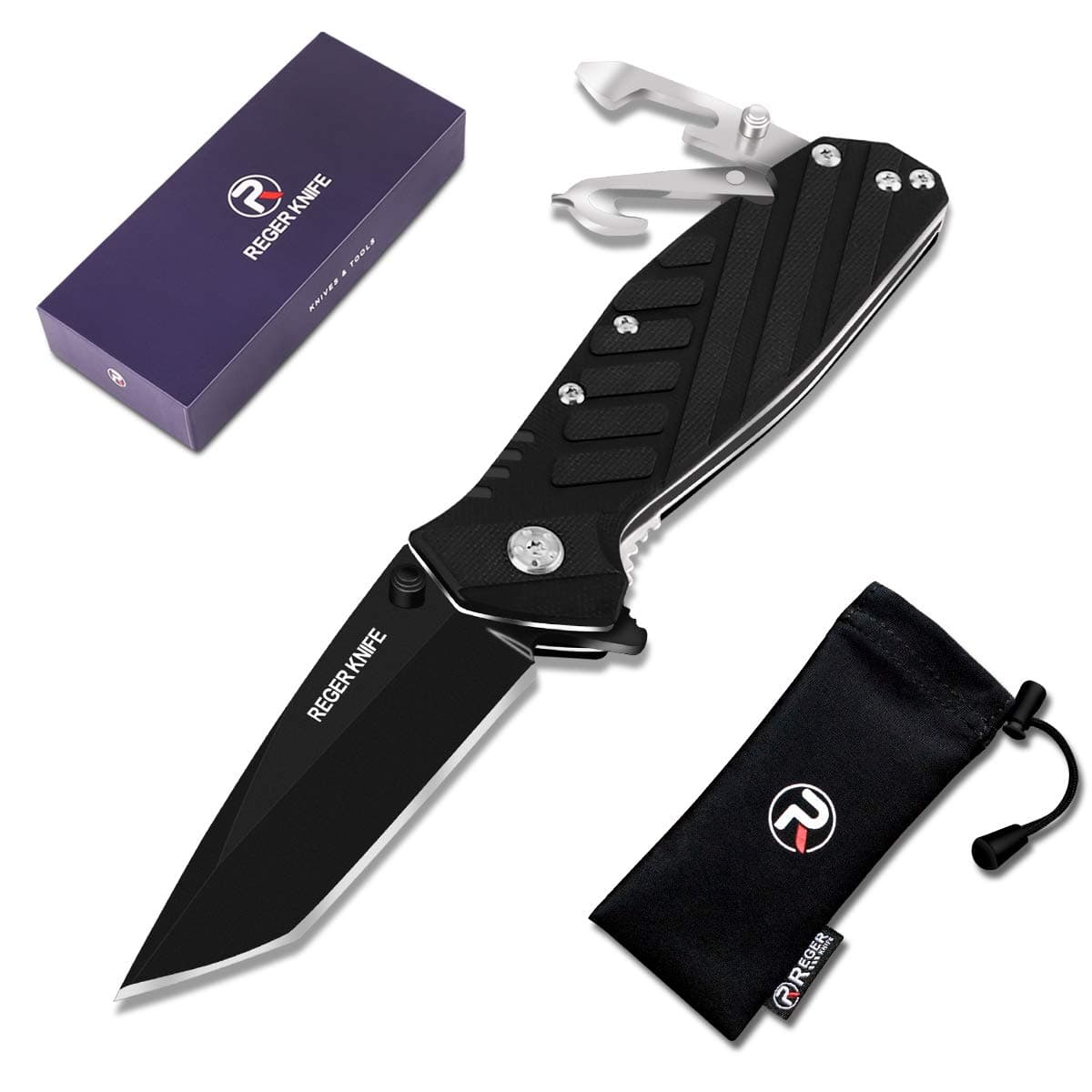 Pocket Knives for Men, RegerKnife Folding Knife with Clip, 3.0in 8cr13mov Steel Blade, Liner Lock, Thumb Stud Opening, 5 Multitool, Good for Survival Camping Hunting Hiking Fishing Outdoor Daily Use