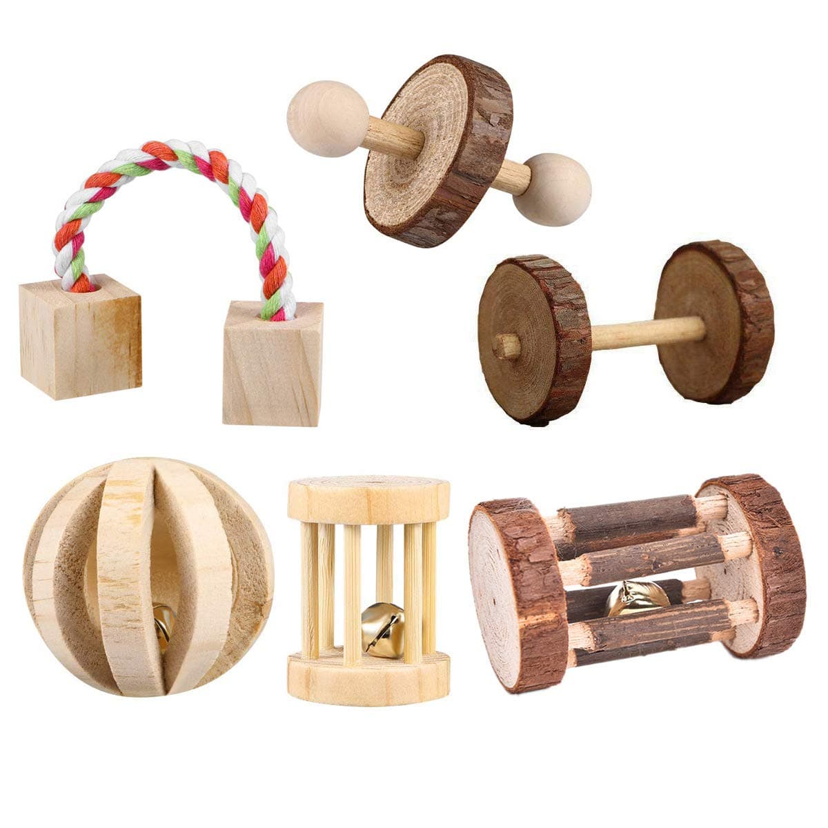 6 Pcs Pet Natural Wooden Chew Toys Dumbells Exercise Bell Molar Toy for Parrot, Rabbit, Chinchilla, Guinea Pig, Hamster Small Animals